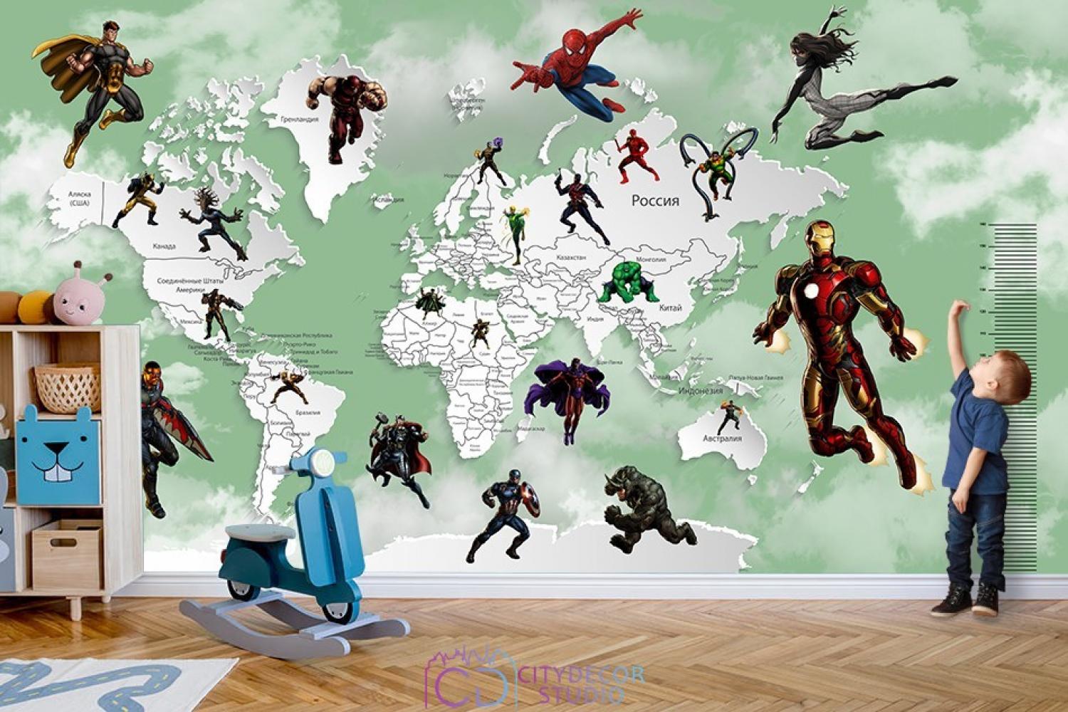 Фотообои Superhero 11 карта мира с ростомером CityDecor