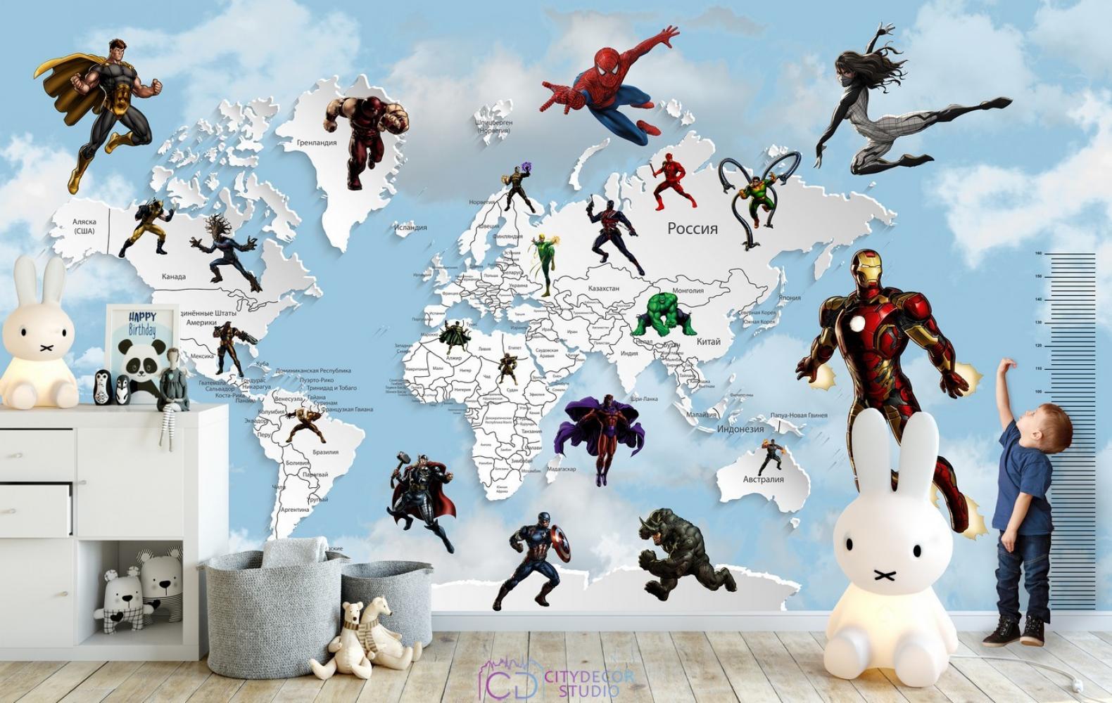 Фотообои Superhero 6 карта мира с ростомером CityDecor