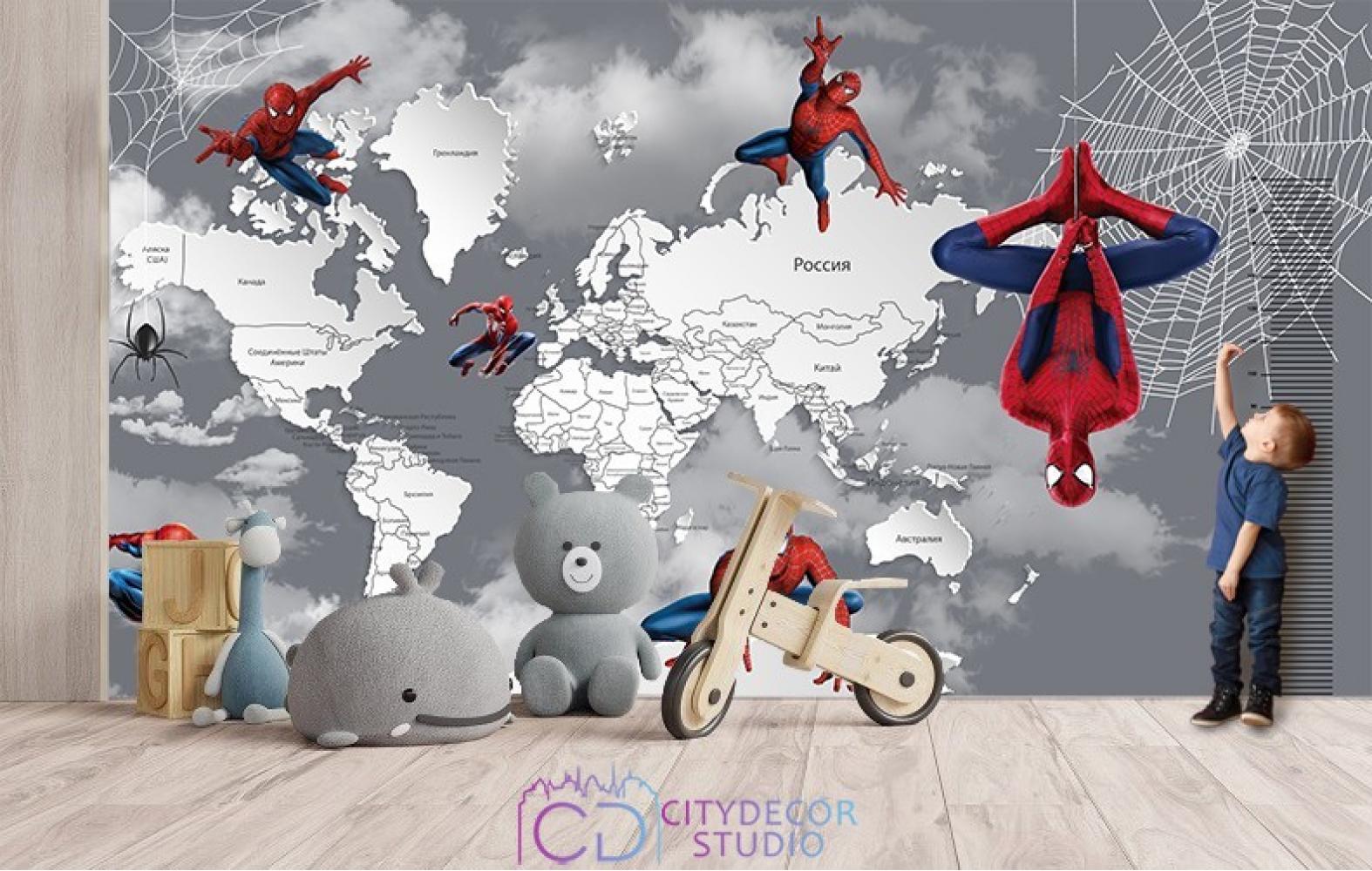 Фотообои Superhero карта мира с ростомером Spider-Man 5 CityDecor