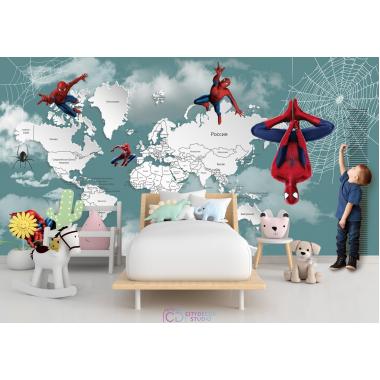 Фотообои Superhero карта мира с ростомером Spider-Man 6 CityDecor