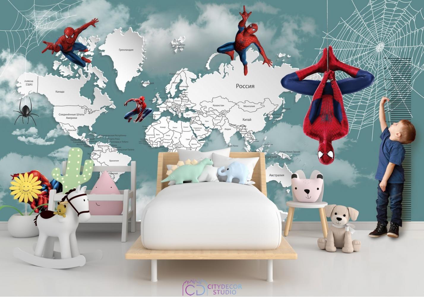 Фотообои Superhero карта мира с ростомером Spider-Man 6 CityDecor