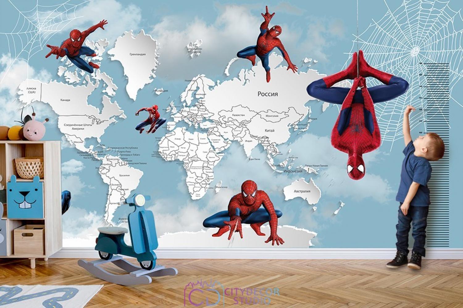 Фотообои Superhero карта мира с ростомером Spider-Man 7 CityDecor
