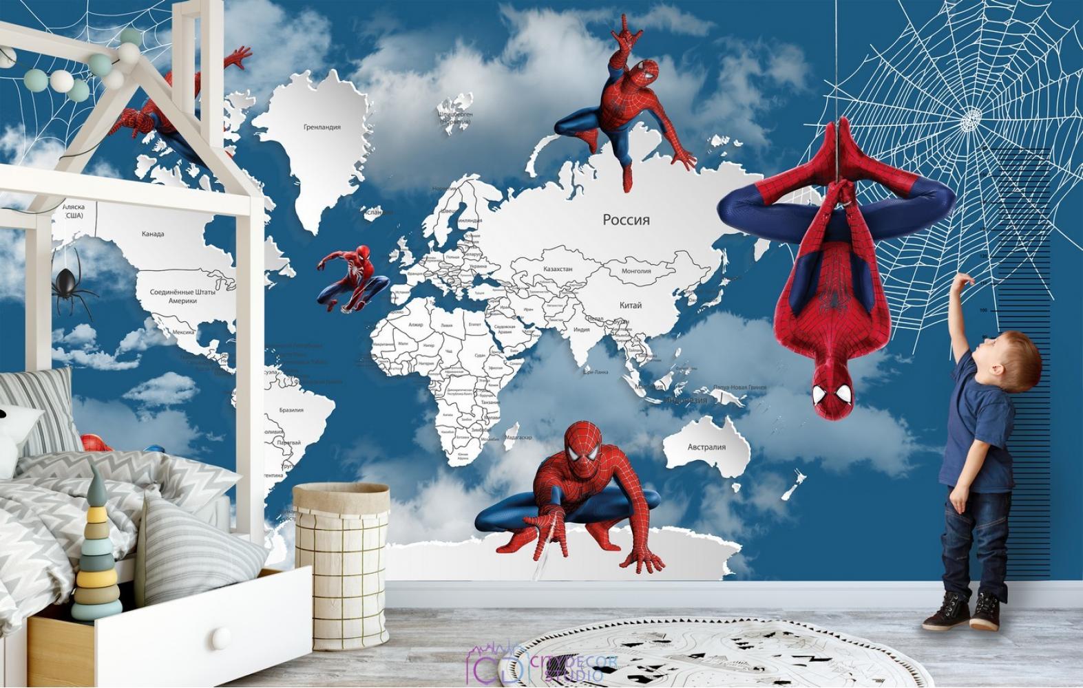 Фотообои Superhero карта мира с ростомером Spider-Man 8 CityDecor