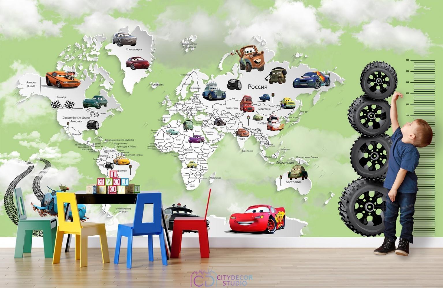 Фотообои Superhero Молния МакКвин карта мира с ростомером 7 CityDecor